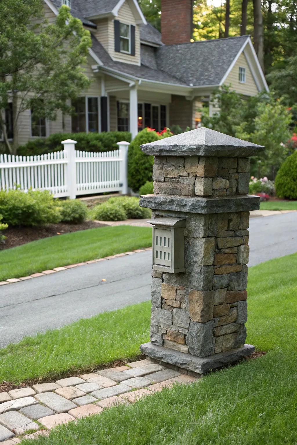 A creative graphite mailbox pillar showing off unique textures.