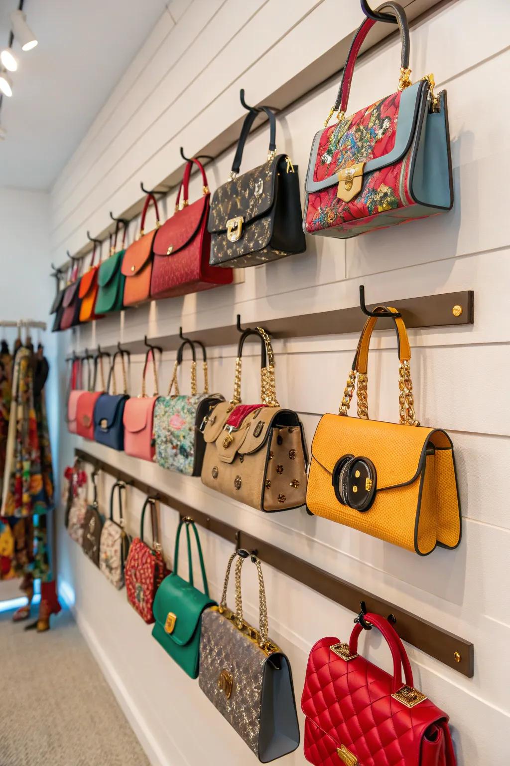 Wall-mounted shelves and hooks displaying handbags.