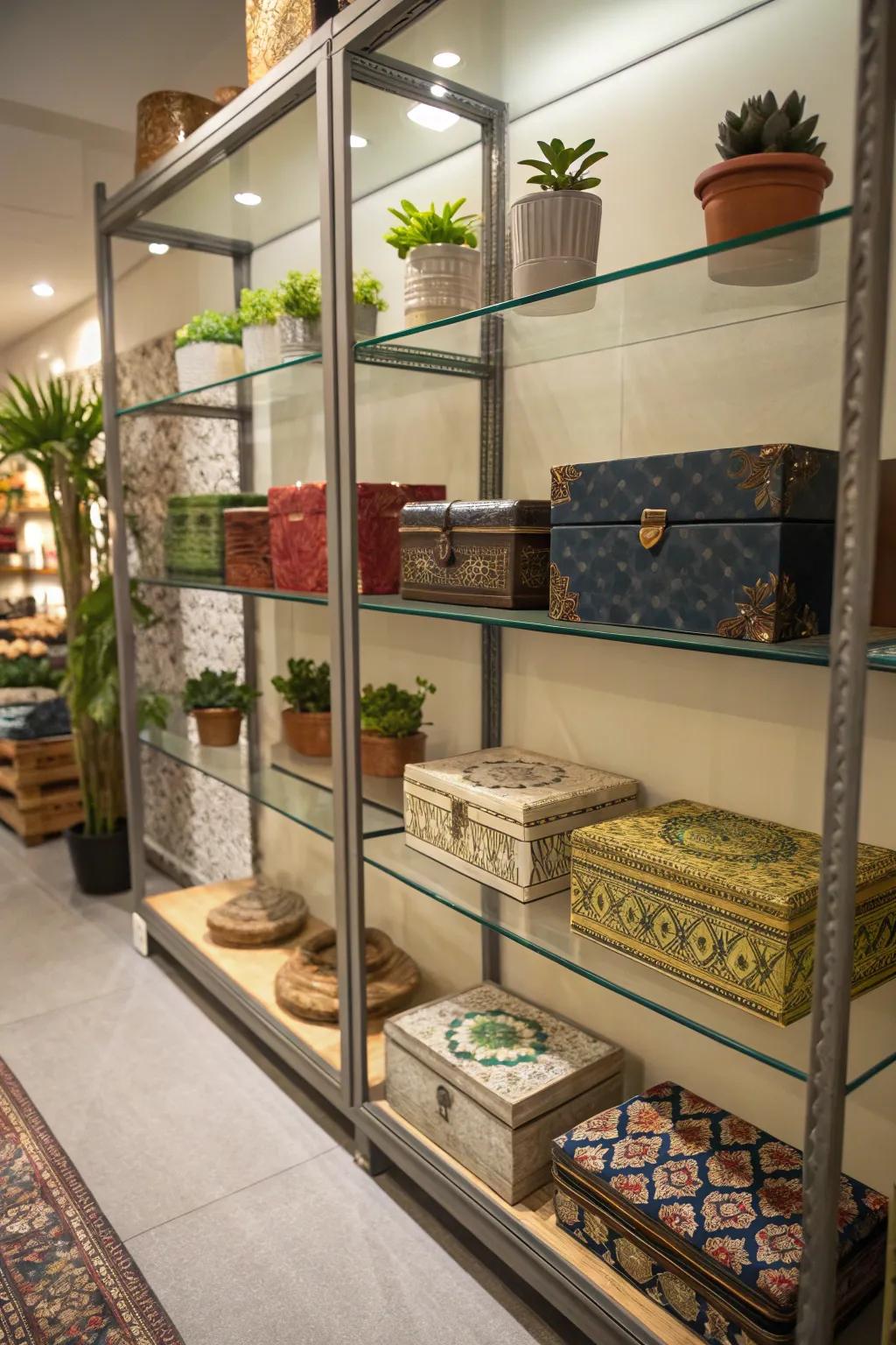 Glass shelves add a chic touch to your storage solutions.