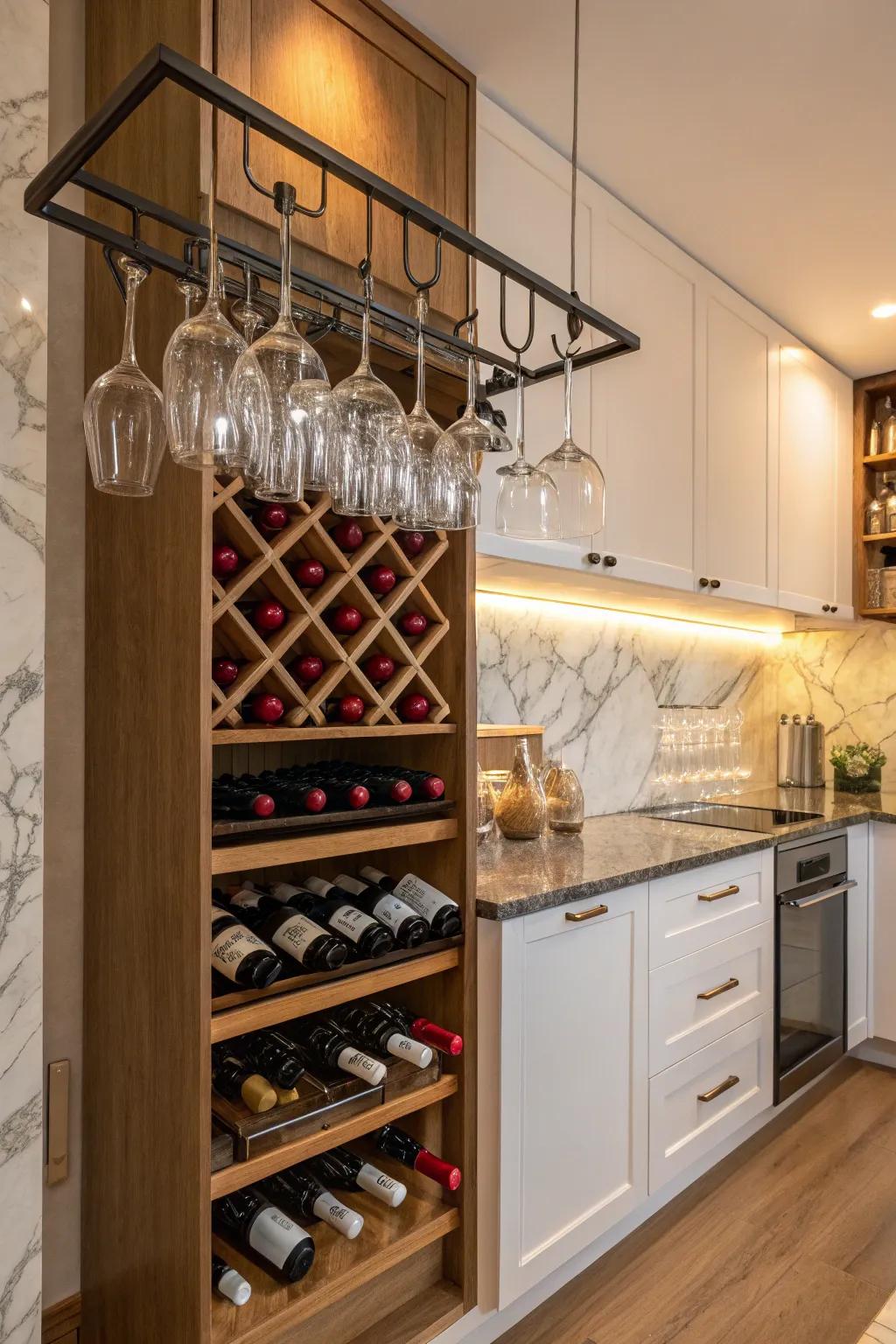 A small bar arrangement combining the storage of wine and glasses.