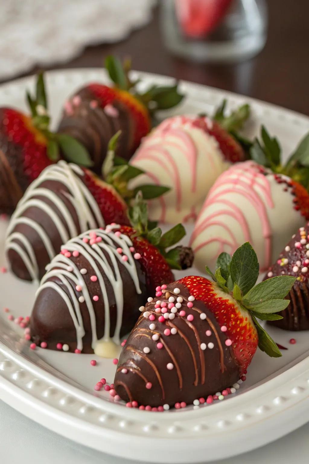 Luxurious chocolate-covered strawberries presented with a decorative flair.