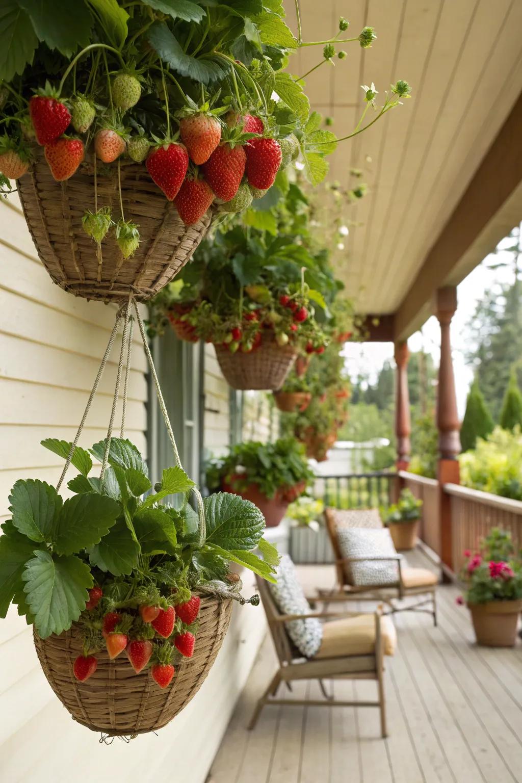 Strawberries growing in suspended pots on a porch.