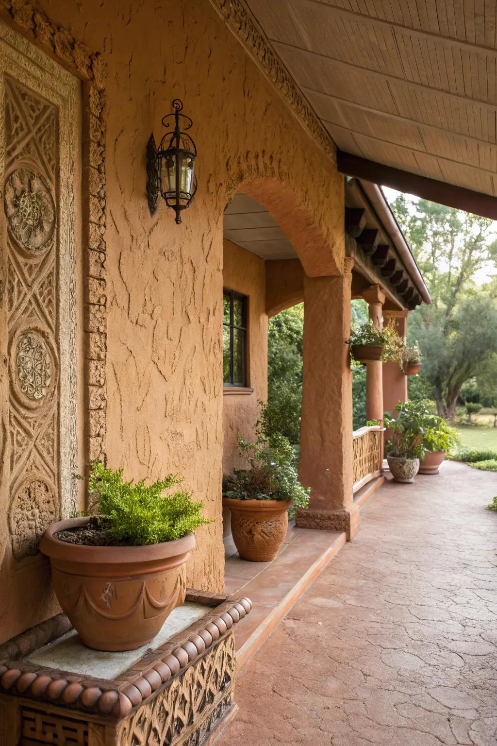 Textured stucco in warm colors gives the porch individuality.