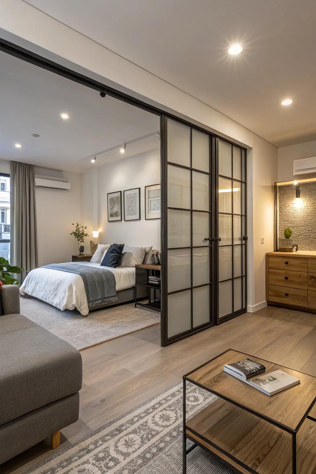 Movable panels provide privacy and change in a studio layout.
