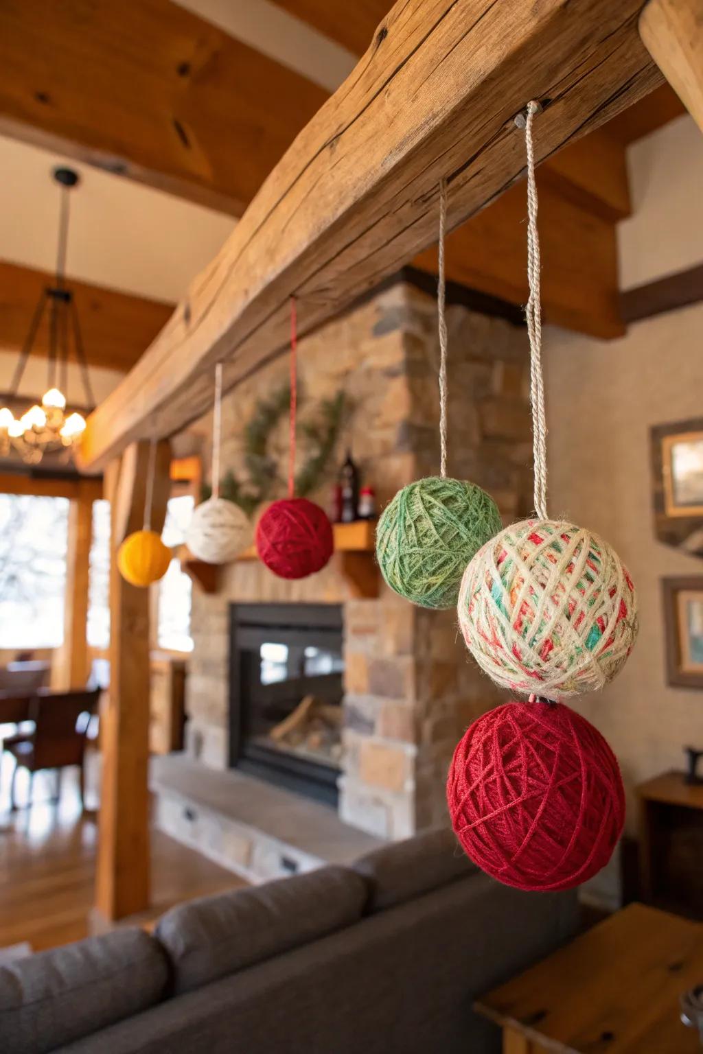 Yarn-enveloped ornaments impart a cozy texture.