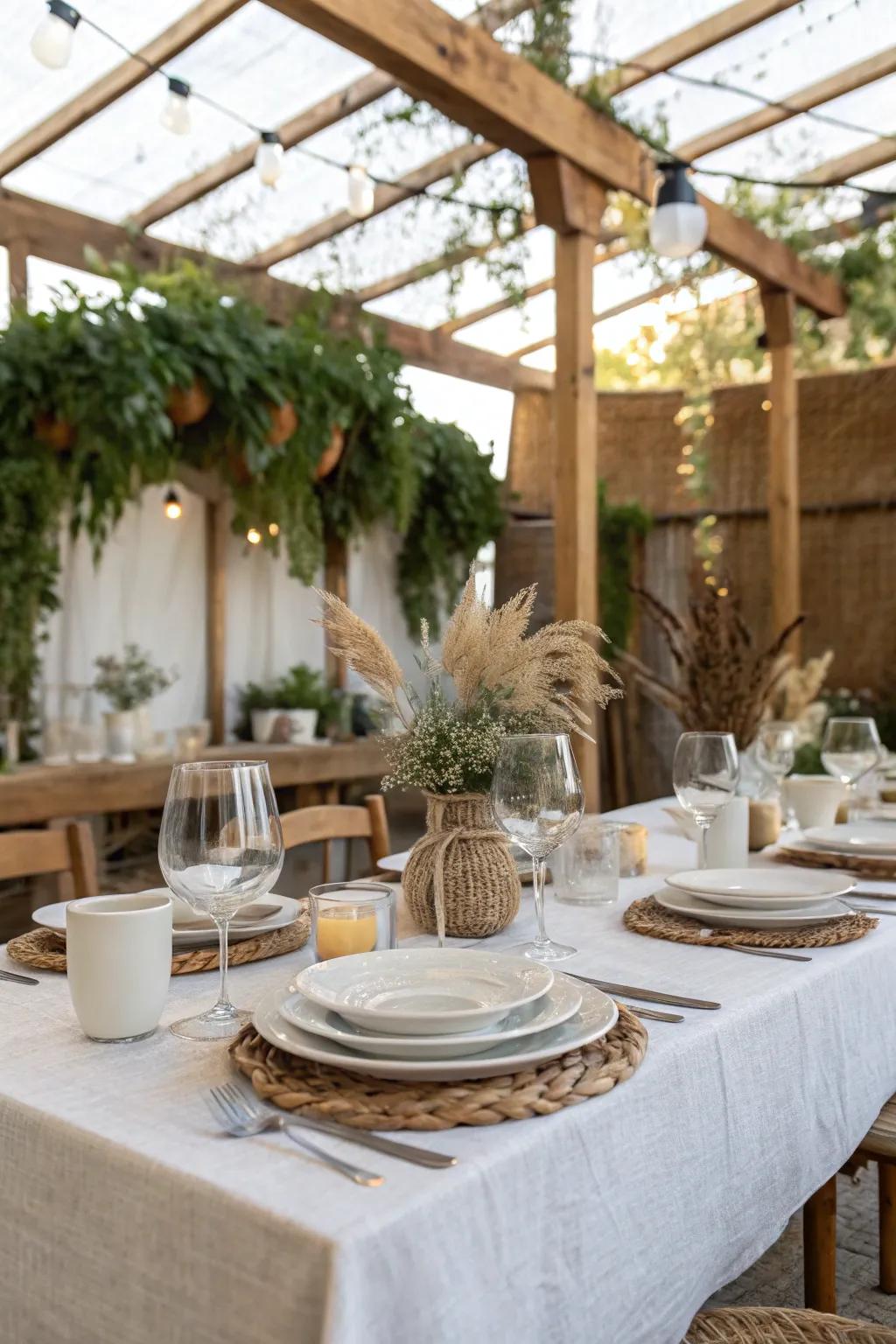 An elegantly arranged table in a sukkah, featuring white tableware and rustic components.