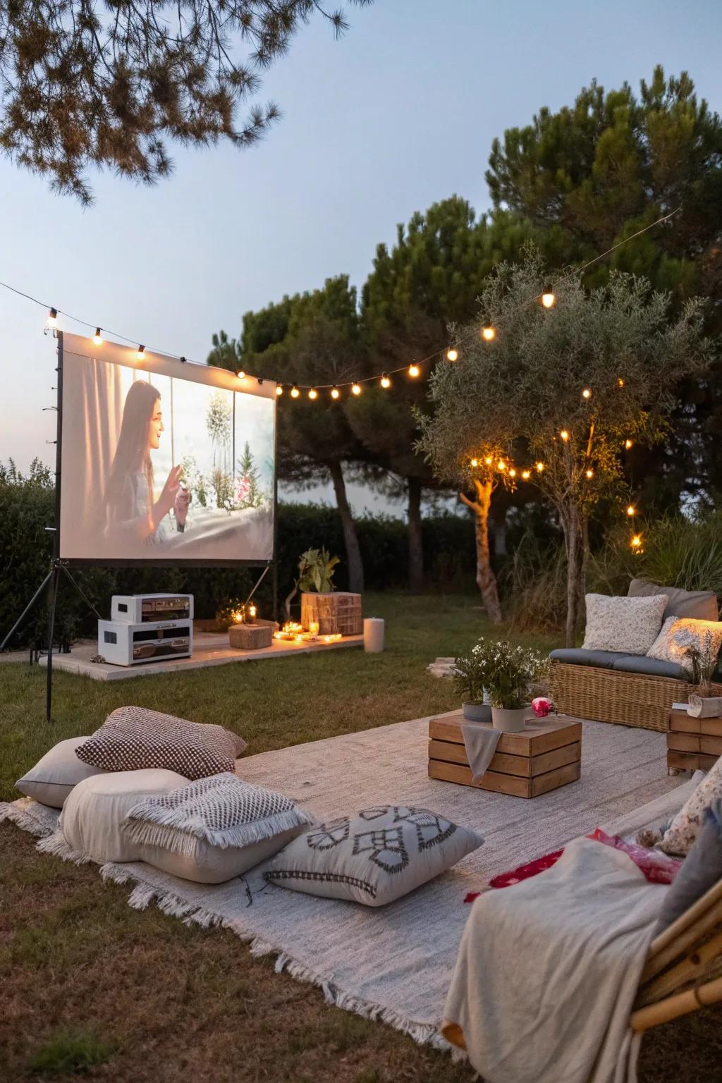 Enjoy a cinematic experience in the open air with an outdoor movie setup.
