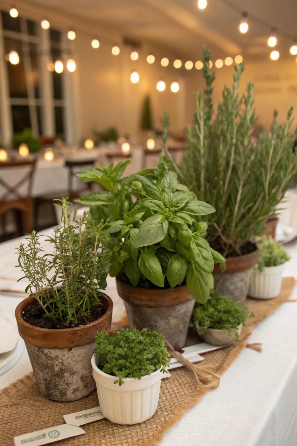 Fresh herb centerpieces that add a fragrant touch to the table.
