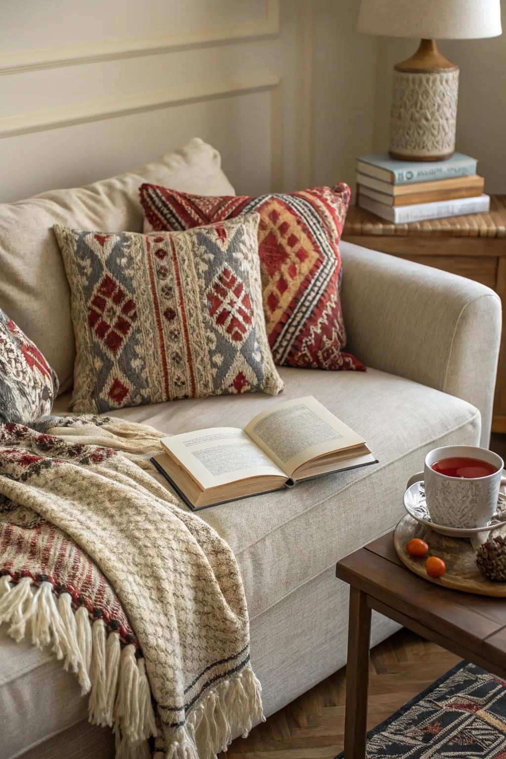 A mix of textures and designs creates a visually engaging space.