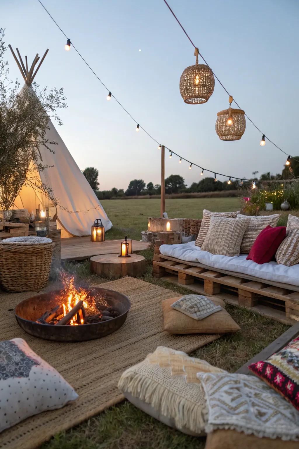 A comfortable free-spirited campfire night featuring comfortable, welcoming ornaments.