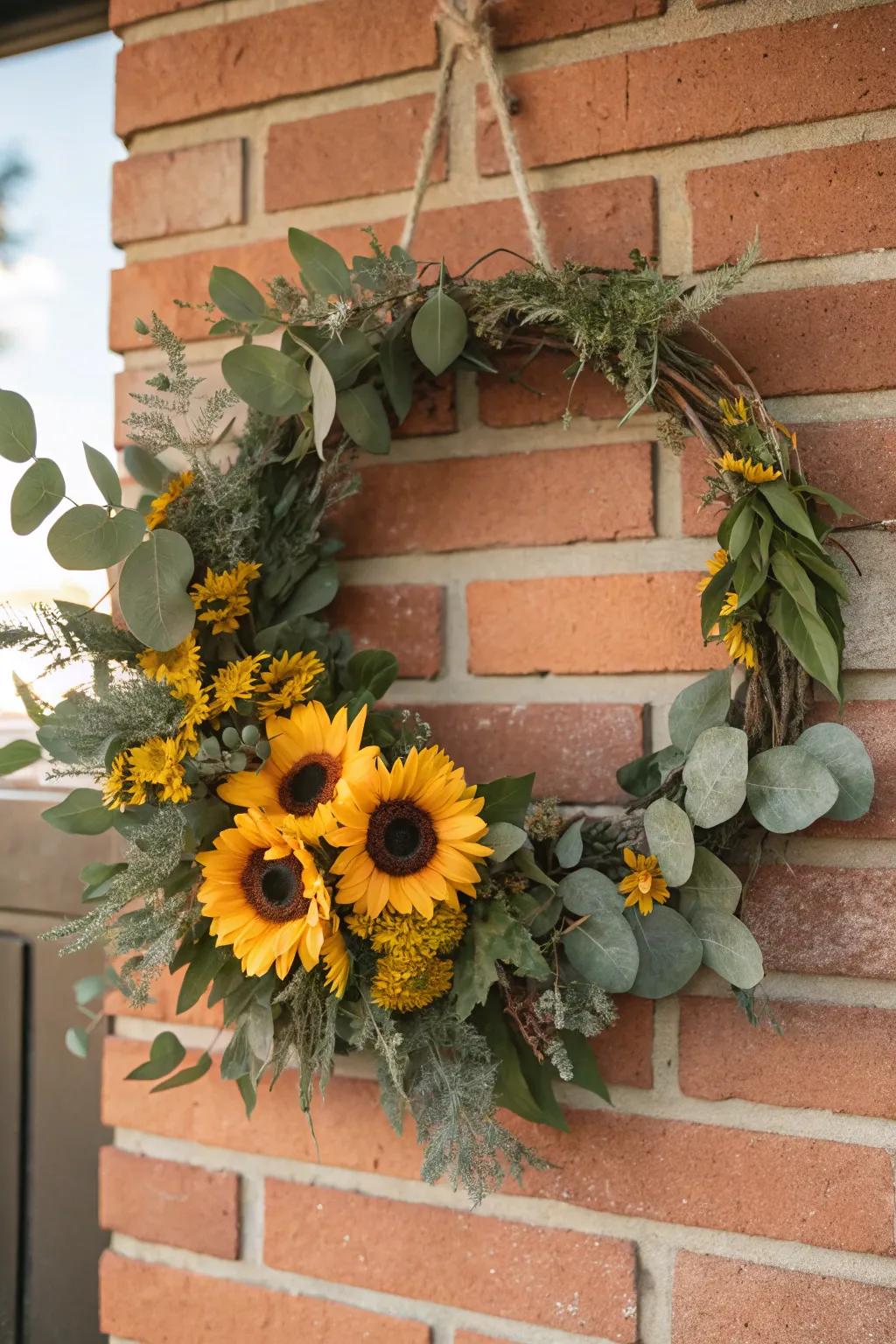 Modern sophistication with sunflowers and eucalyptus.