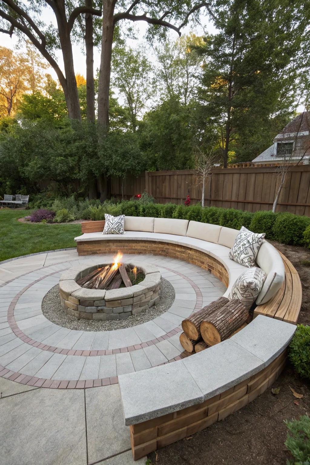 A rounded recessed fire pit that welcomes conversation.