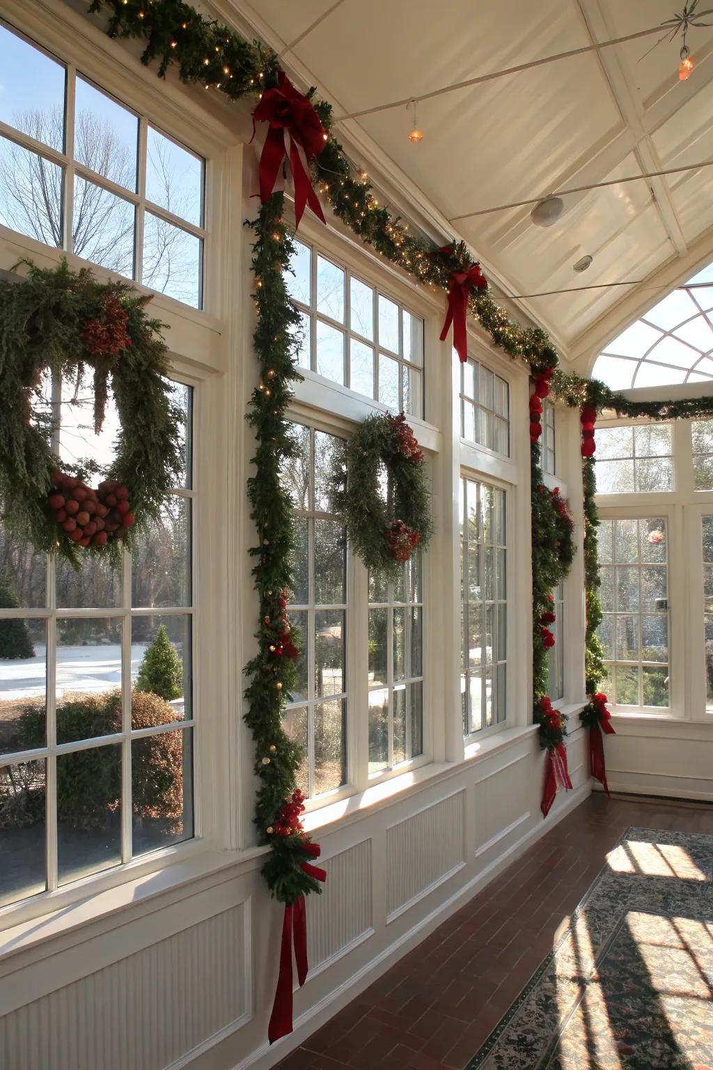 Frame your sunroom with festive rings and strands.