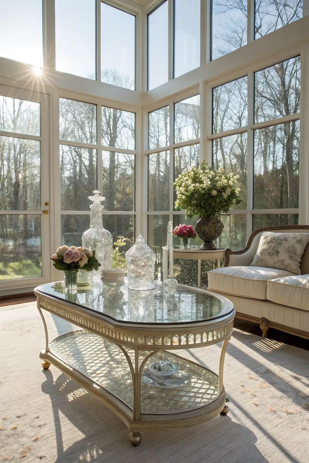 Crystal pieces enhance the refinement and lightness of the sunroom.