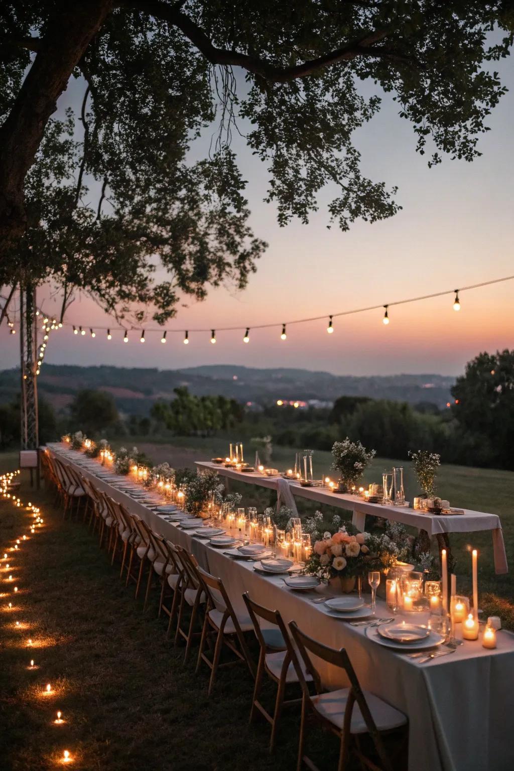 An intimate supper arrangement featuring candles below a twilight sky.