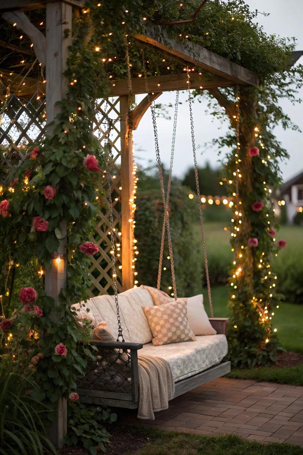 A pergola swing glistens beneath the glow of pixie illumination.
