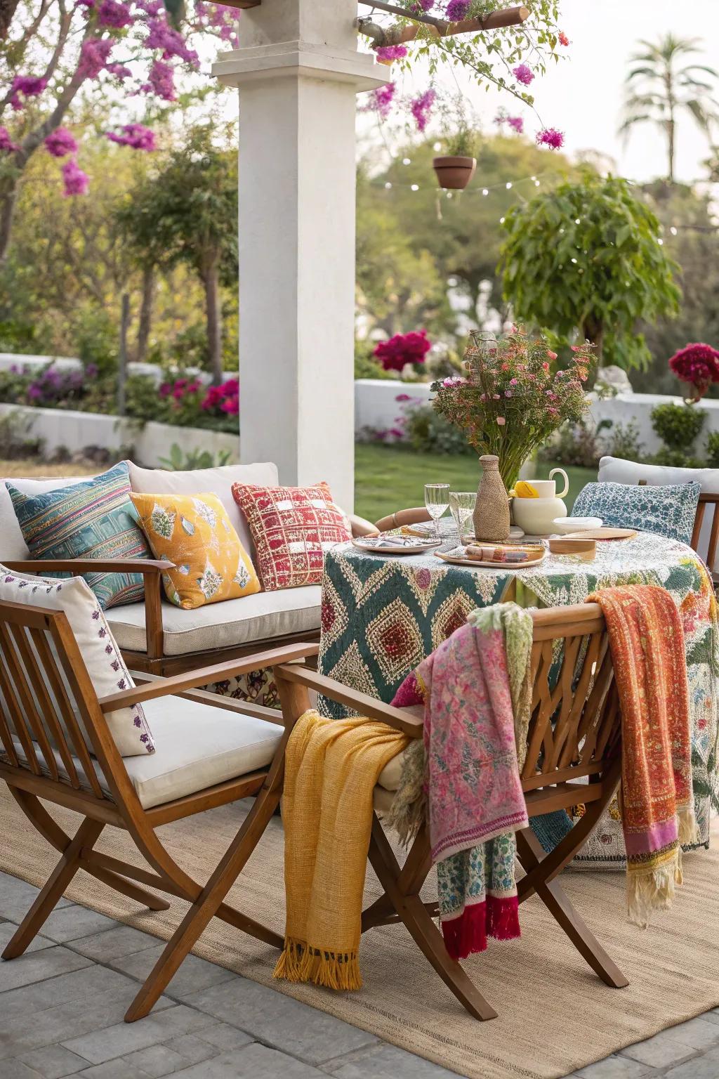 Cushions and throws provide comfort and style to outdoor seating arrangements.