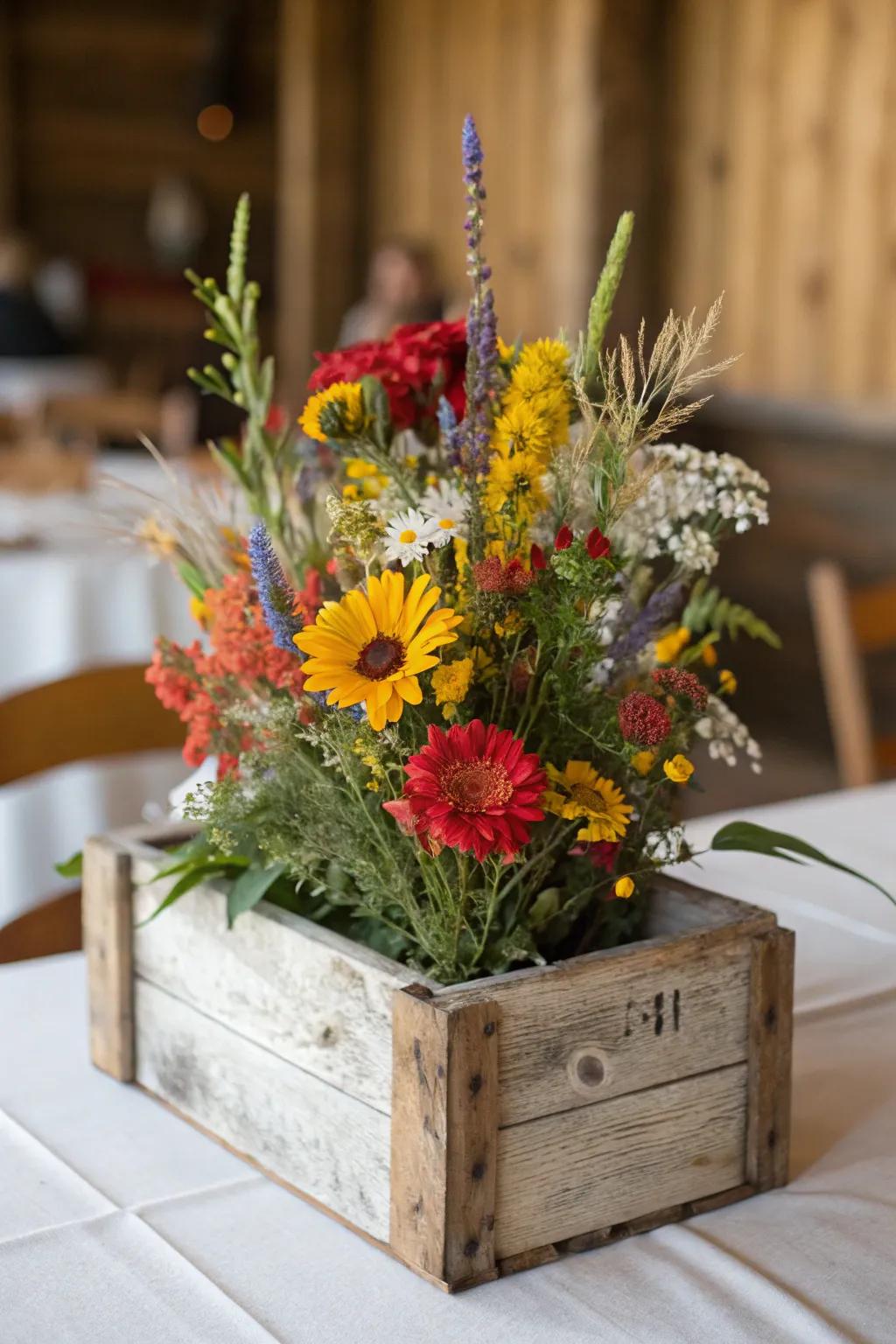 A charming homespun centerpiece showcasing meadow blooms in a rustic container.