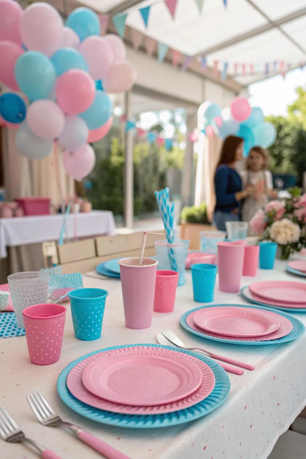 Charming themed dinnerware in rose and azure to complete your gender reveal arrangement.