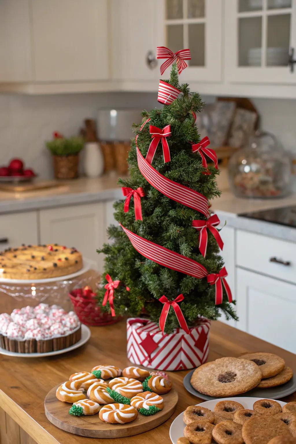 A playful striped stick themed tabletop Christmas tree.