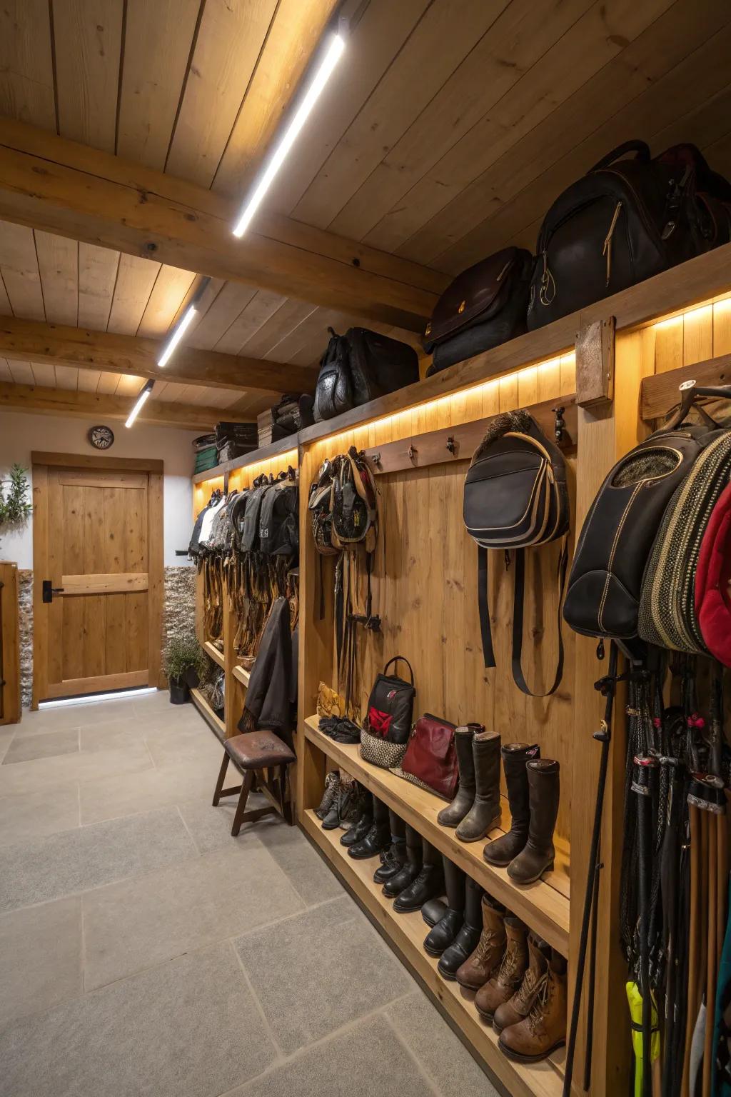 A well-lit tack room uses a combination of sunlight and LED lighting.