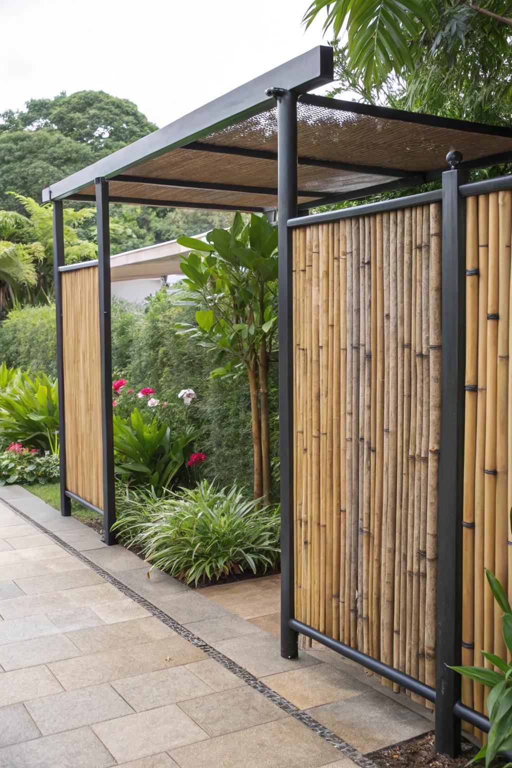 A privacy screen uniting diverse materials, blending bamboo with steel.