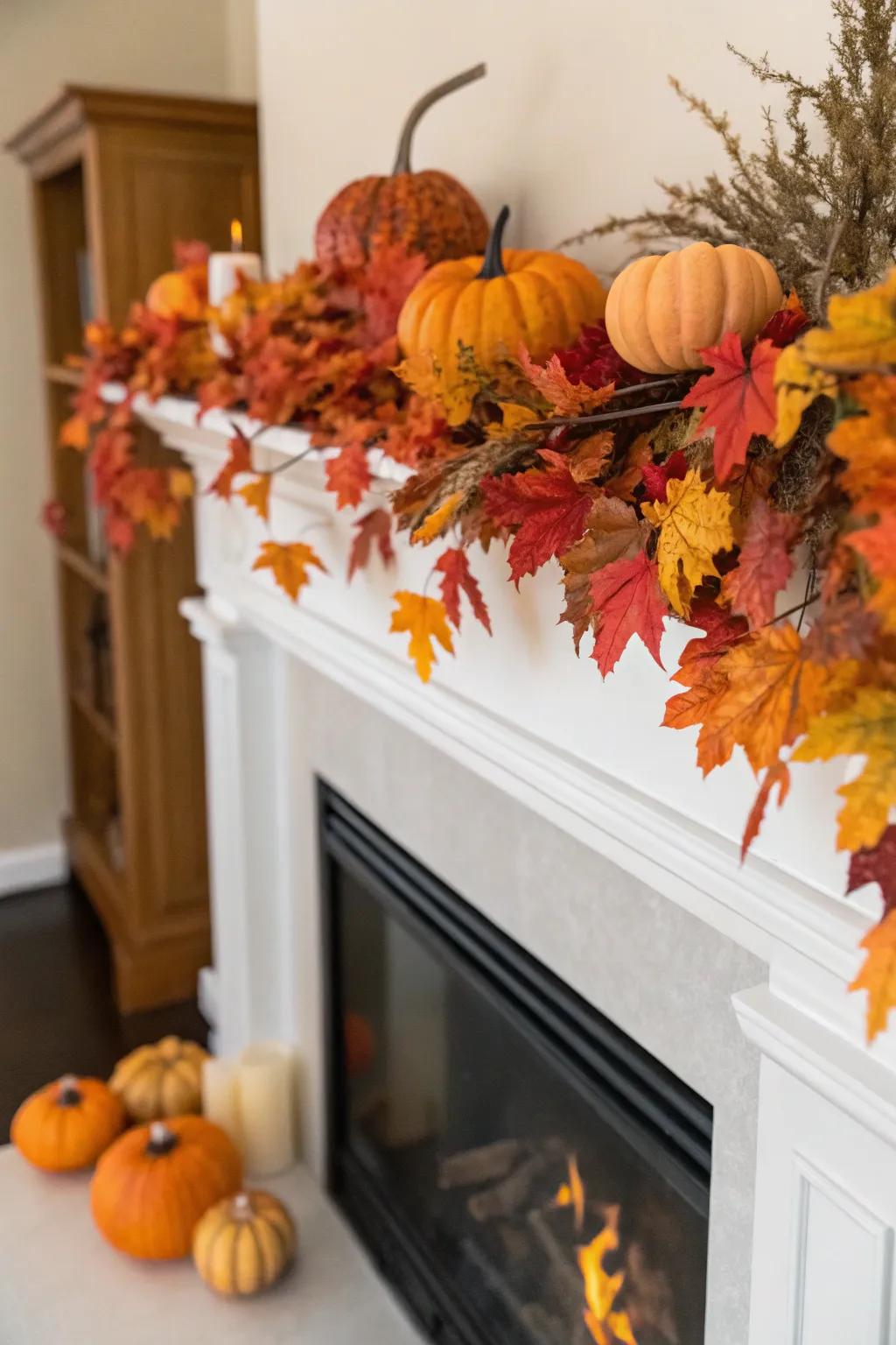 A high mantel adorned with seasonal articles like autumnal foliage and gourds.