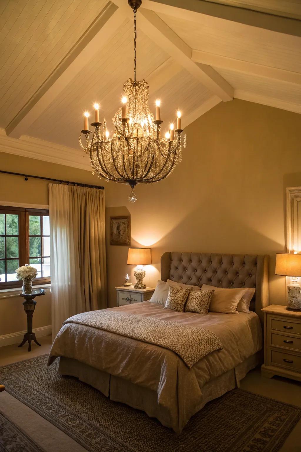 The warmth of the tan bedroom is enhanced by soft lighting.