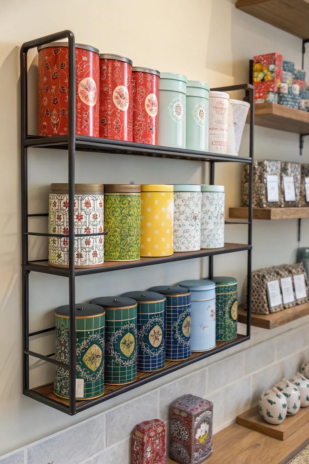 A wall-mounted tea rack providing space-efficient storage.