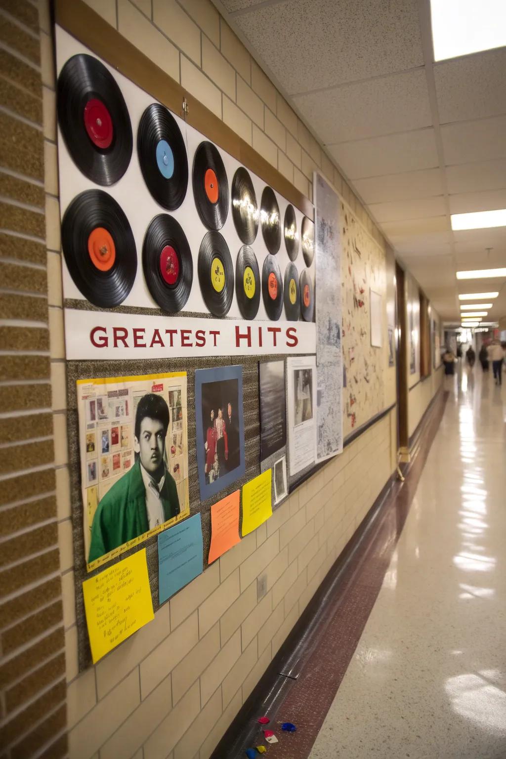 A retro-themed board with vinyl records celebrating teachers as the 'Greatest Hits'.