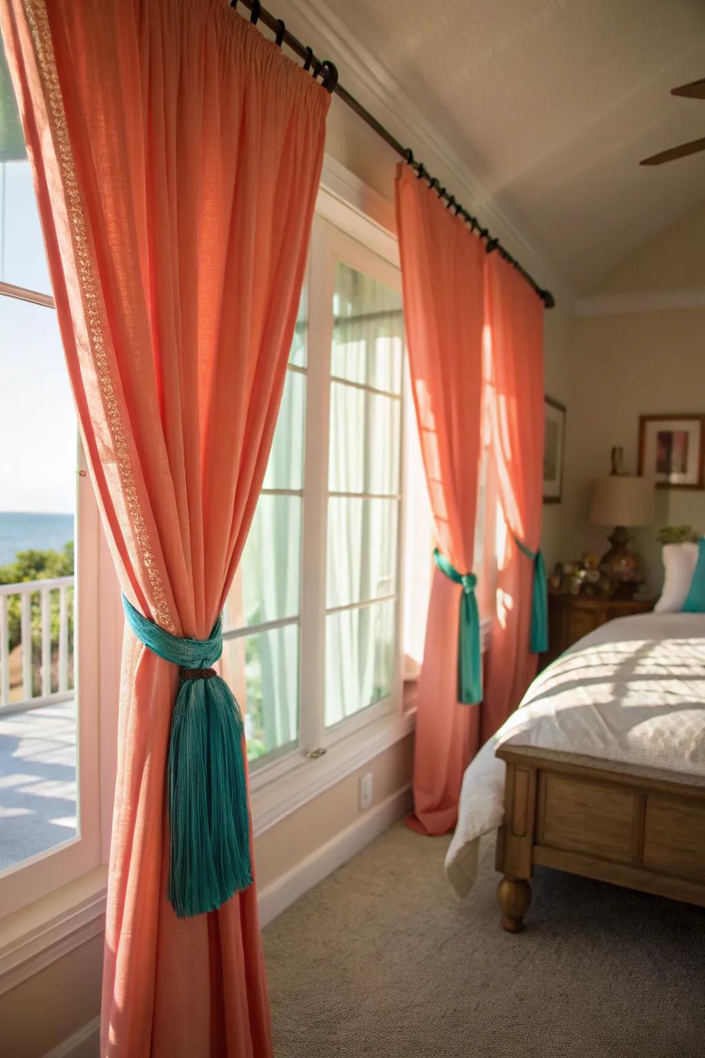 Peach curtains and aqua tiebacks creating a colorful contrast.