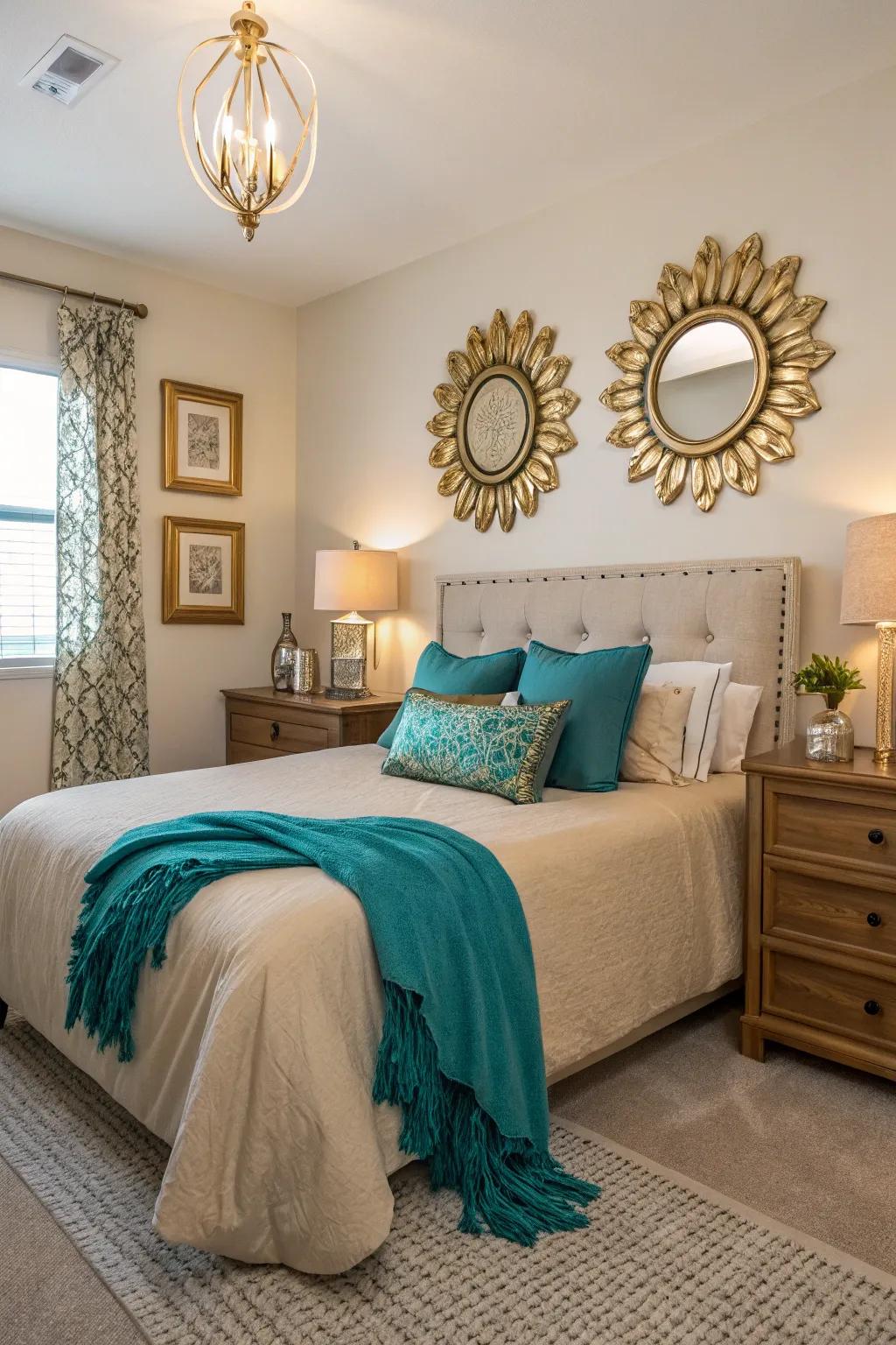 Subdued bedding balances the vibrant horizon and gilded highlights in this snug sleeping quarters.