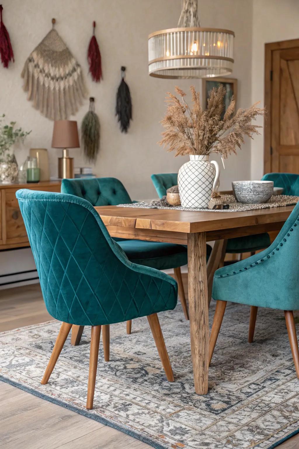Different textures make the dining space feel deeper