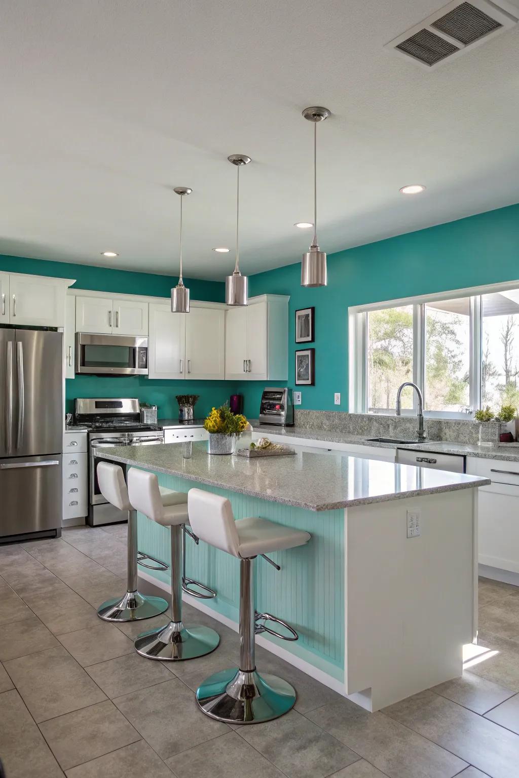 A modern kitchen enhanced by teal walls and silver-toned accents.