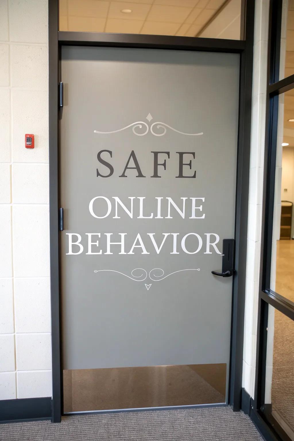A modern door design featuring phrases promoting safe online behavior.