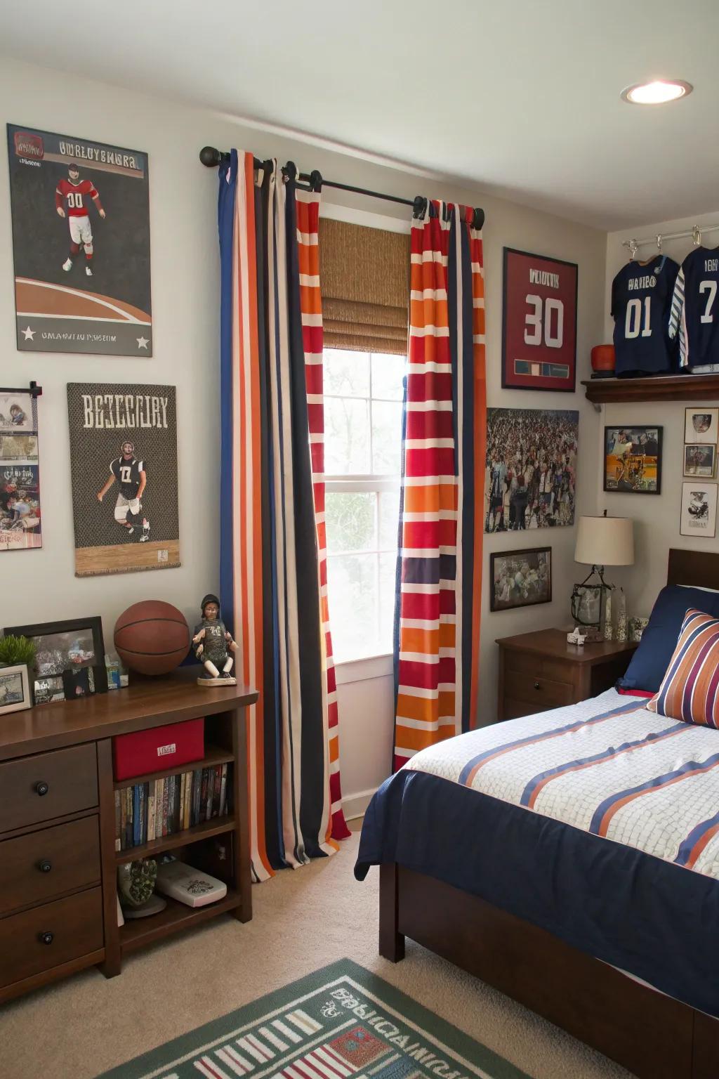 Striped drapes inject an athletic vibe into the space.