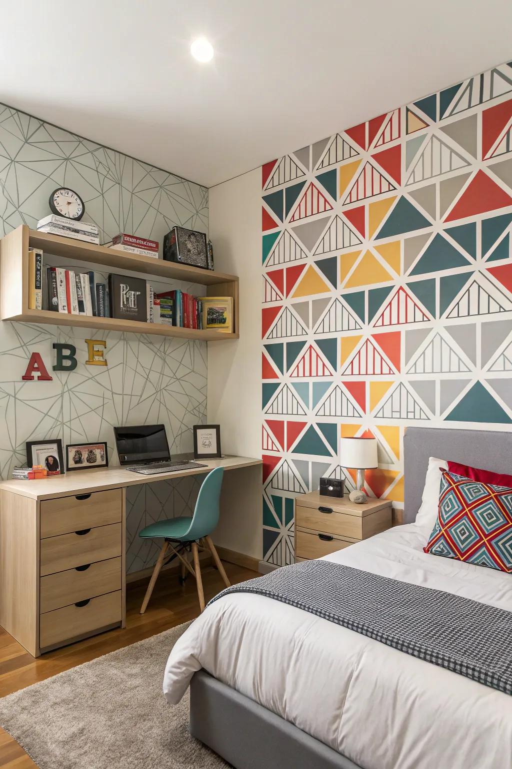 A teen boy's room featuring striking geometric wallpaper for a modern touch.