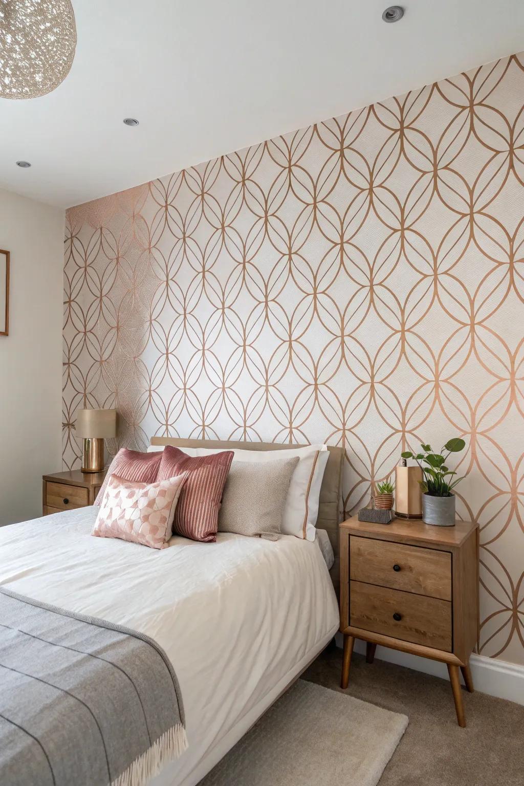 A rose gold feature wall contributes a rich center of attention.