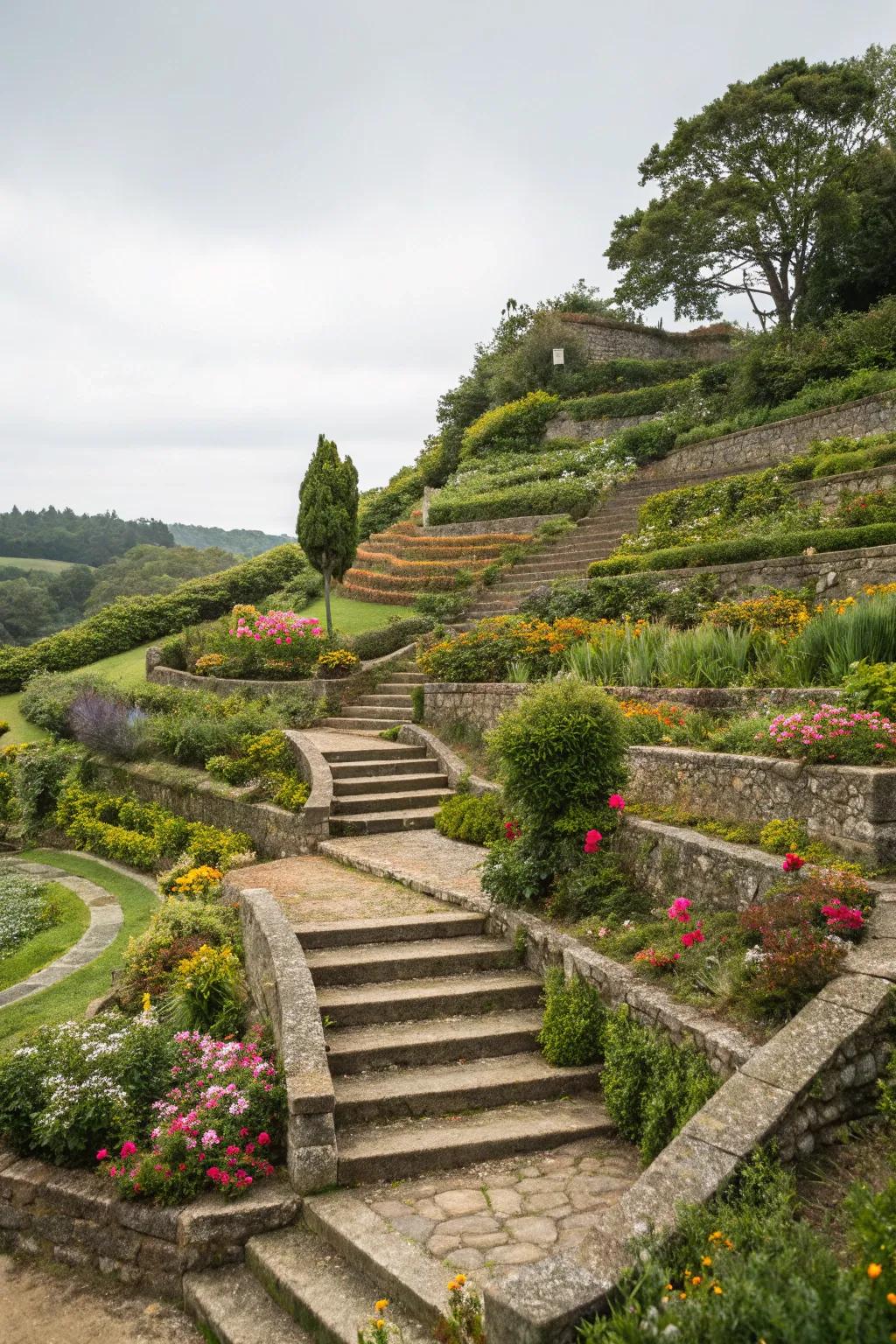 A terraced garden with distinct levels and steps, adding visual intrigue to the landscape.