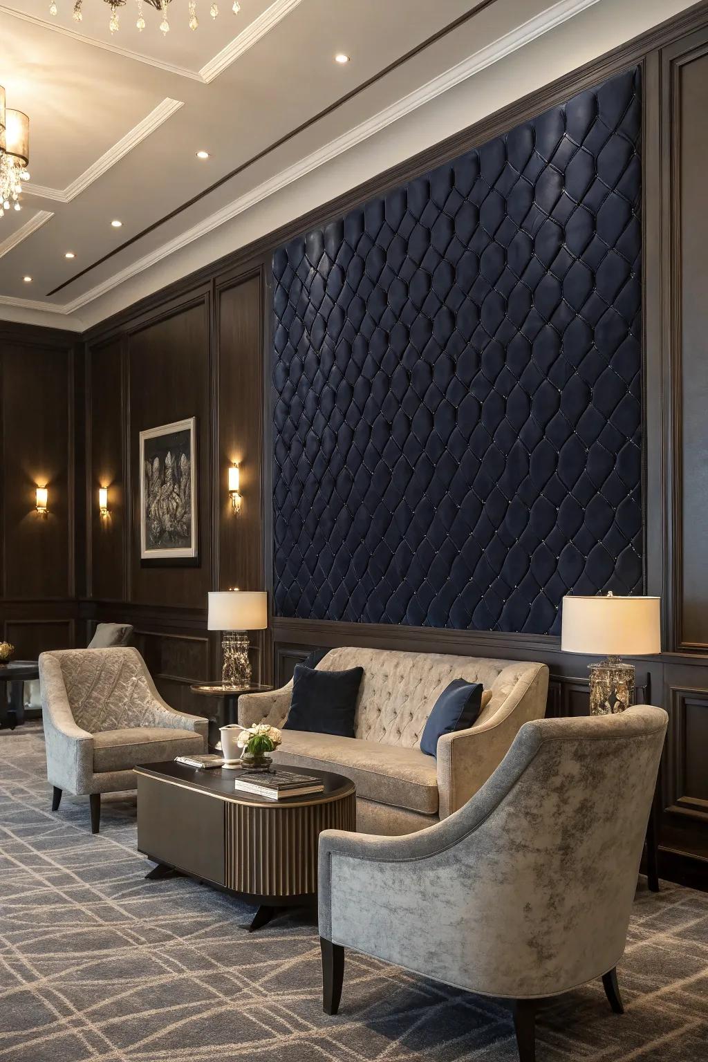 A lounge enhanced with a textured wall in deep navy for a dramatic effect.