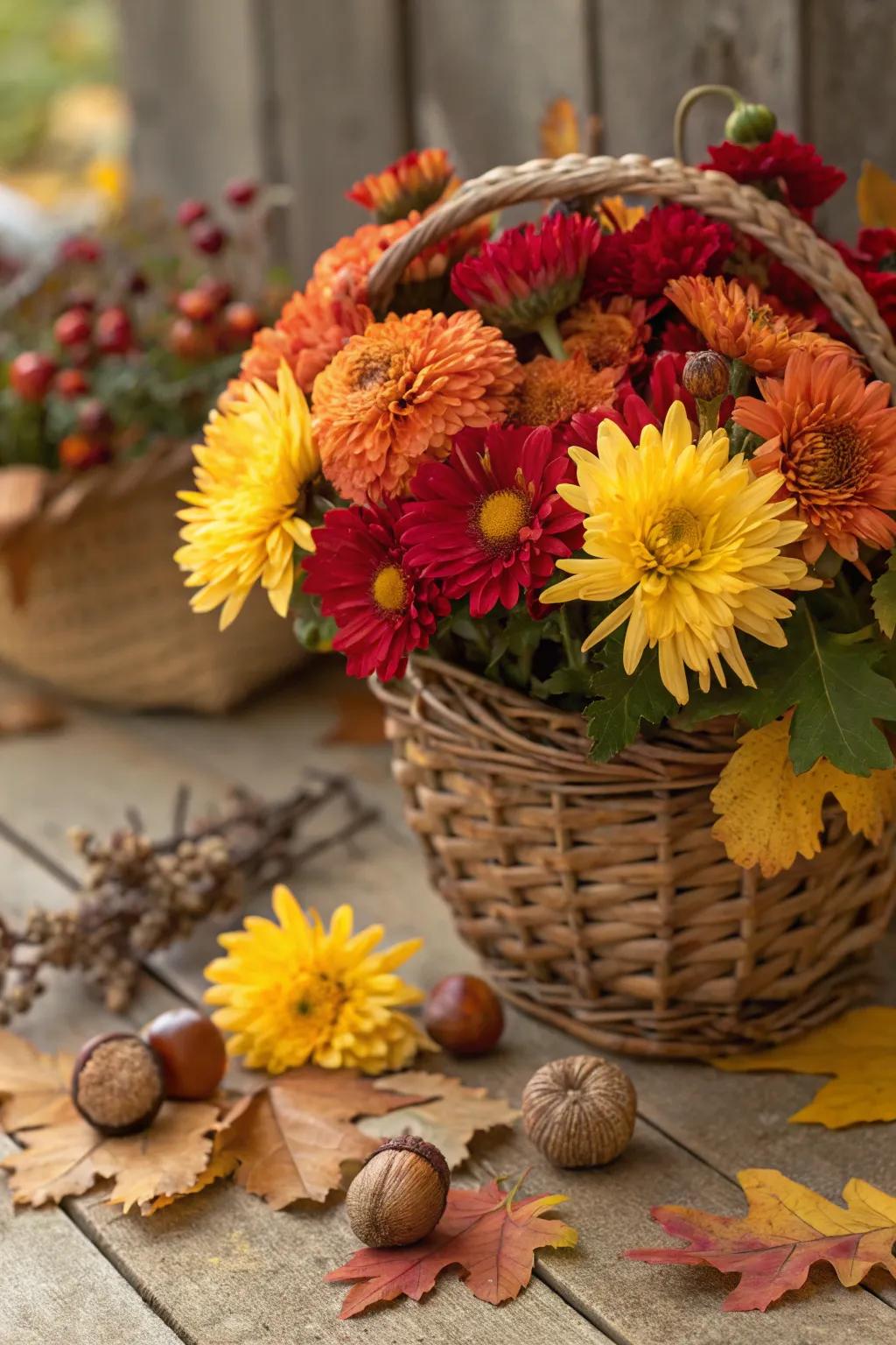 Autumnal flowers like chrysanthemums provide a burst of color.