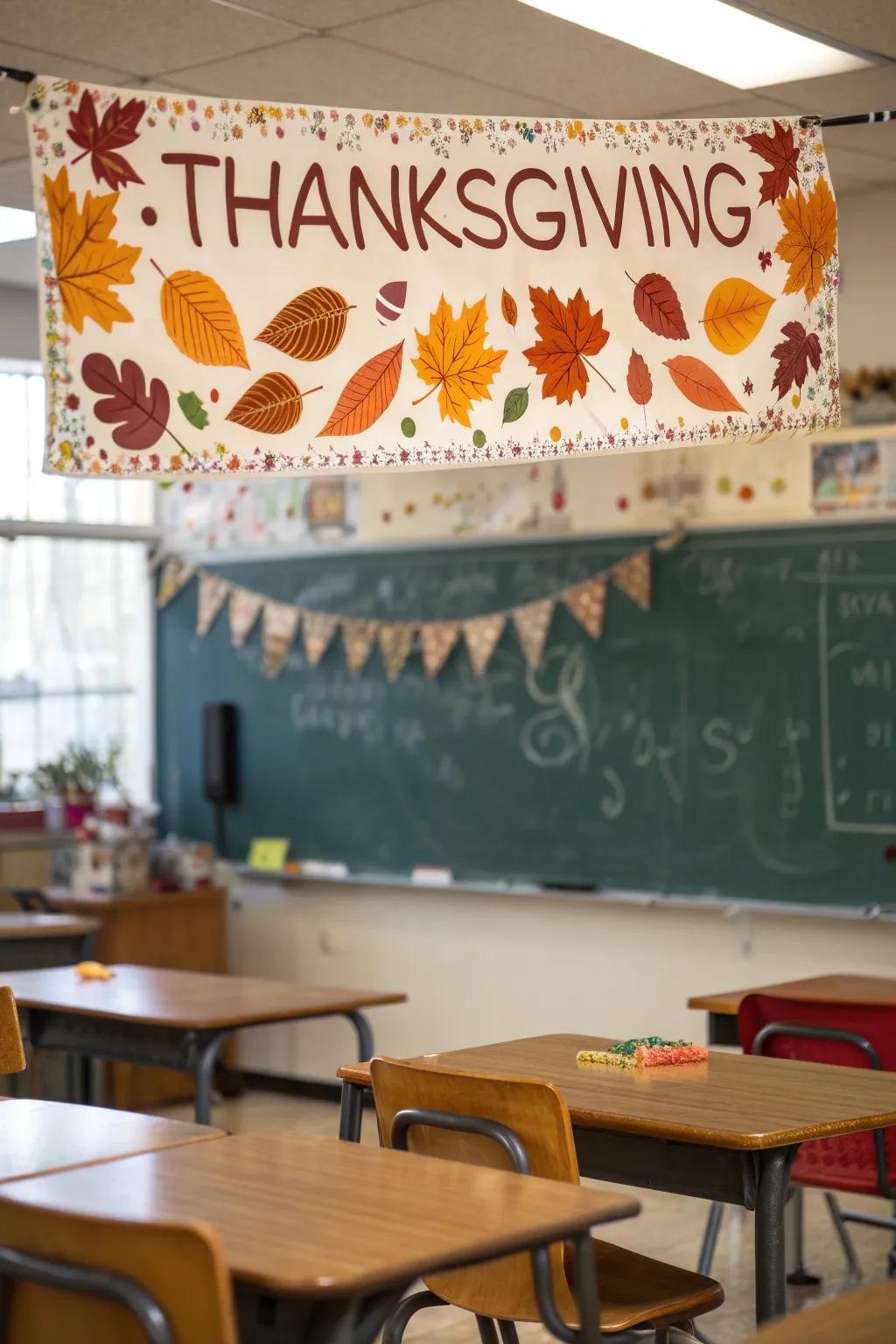 A personalized Thanksgiving sign welcomes students.