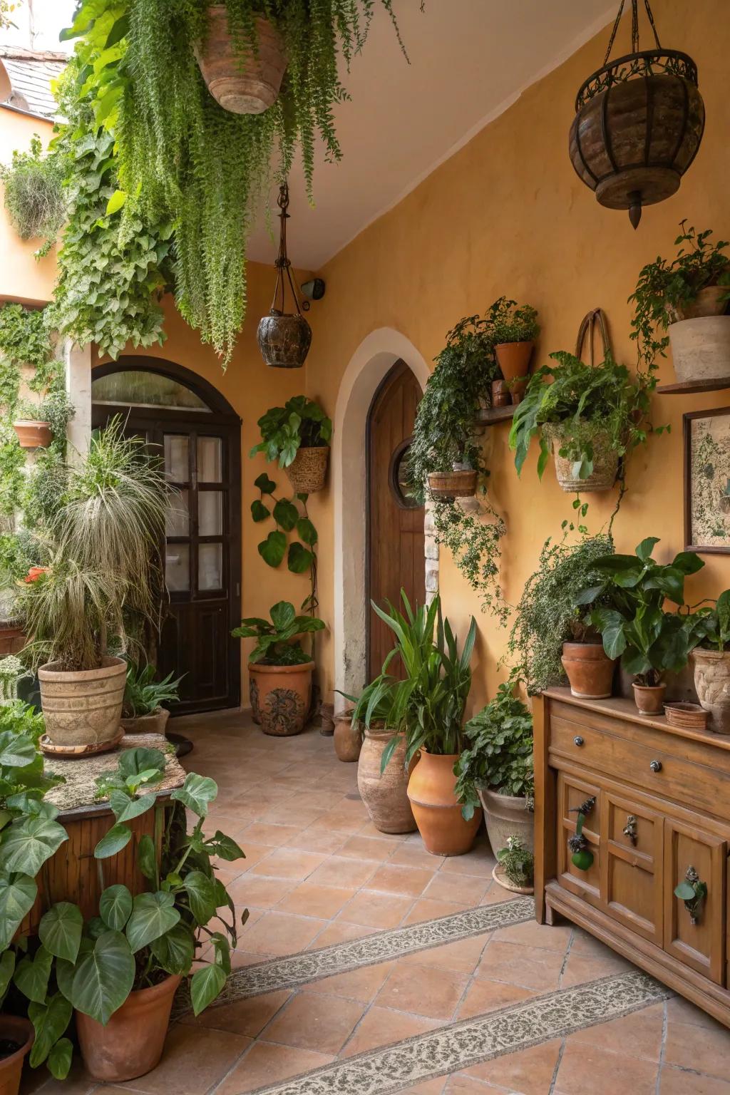 A nature-inspired room featuring calming earth tones and plant life.