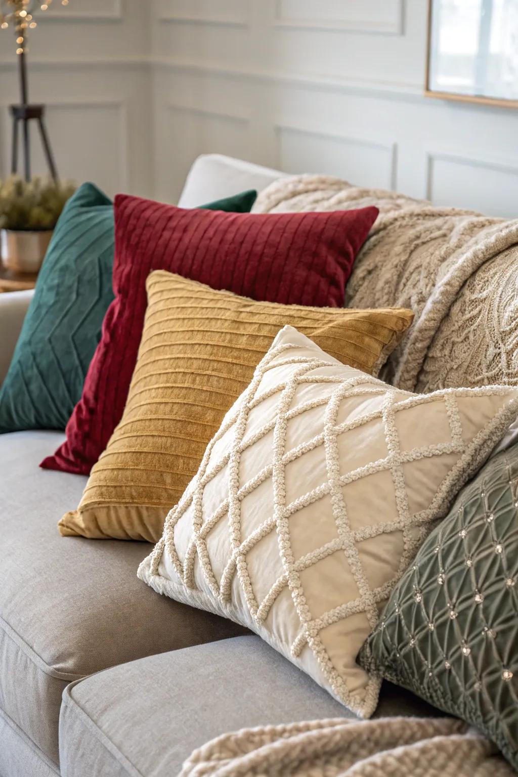 A tactile experience featuring velvet, linen, and knit pillows enhancing the décor.