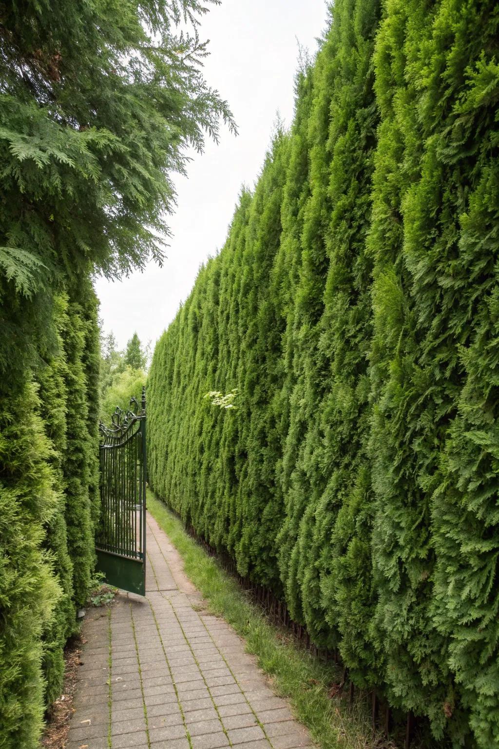 A verdant boundary of Emerald Arborvitae offers both allure and seclusion.