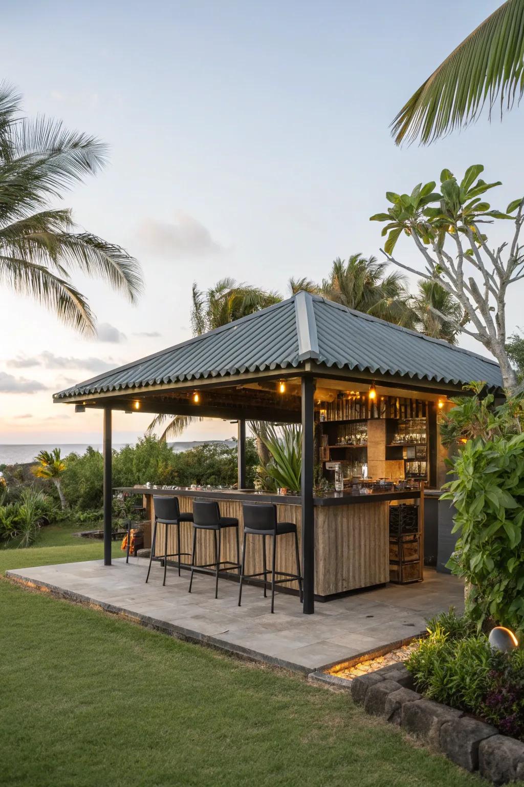 To your tiki bar, corrugated metal provides a contemporary touch.