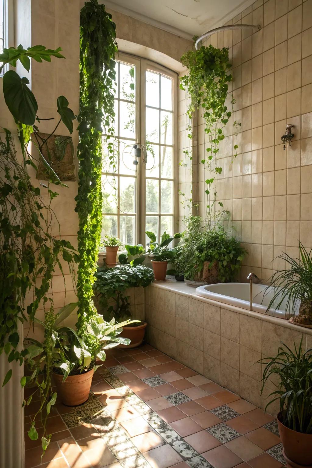 Design a serene space by pairing tiles with elements from nature.