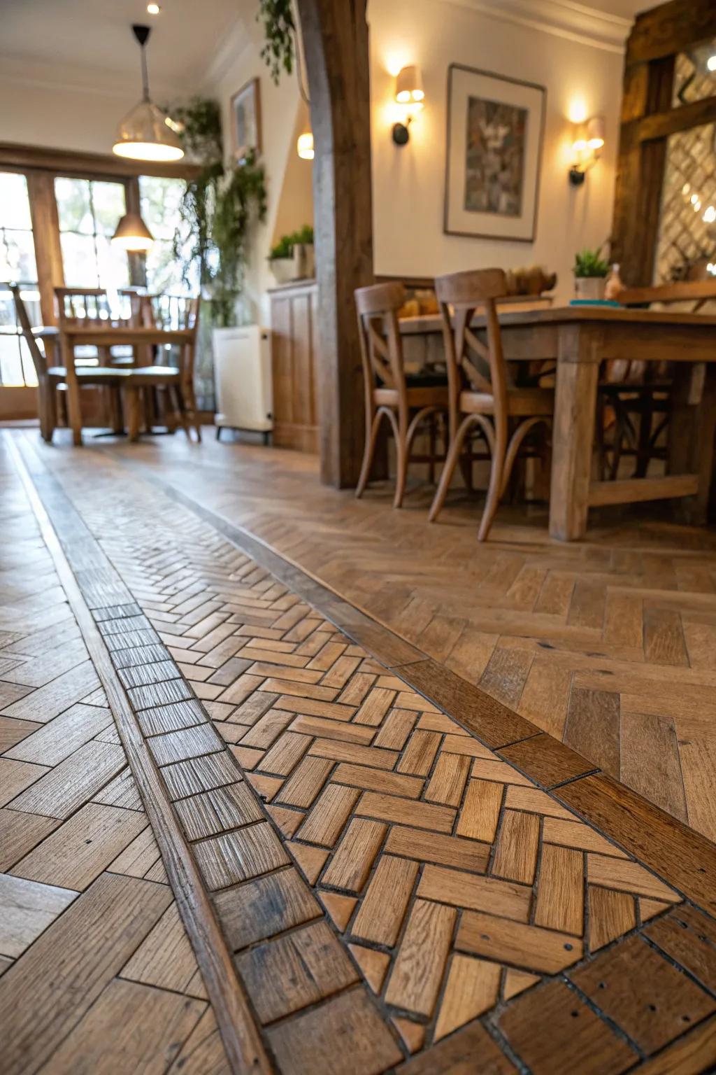 Interwoven pattern tiles transition smoothly into an organic floor.