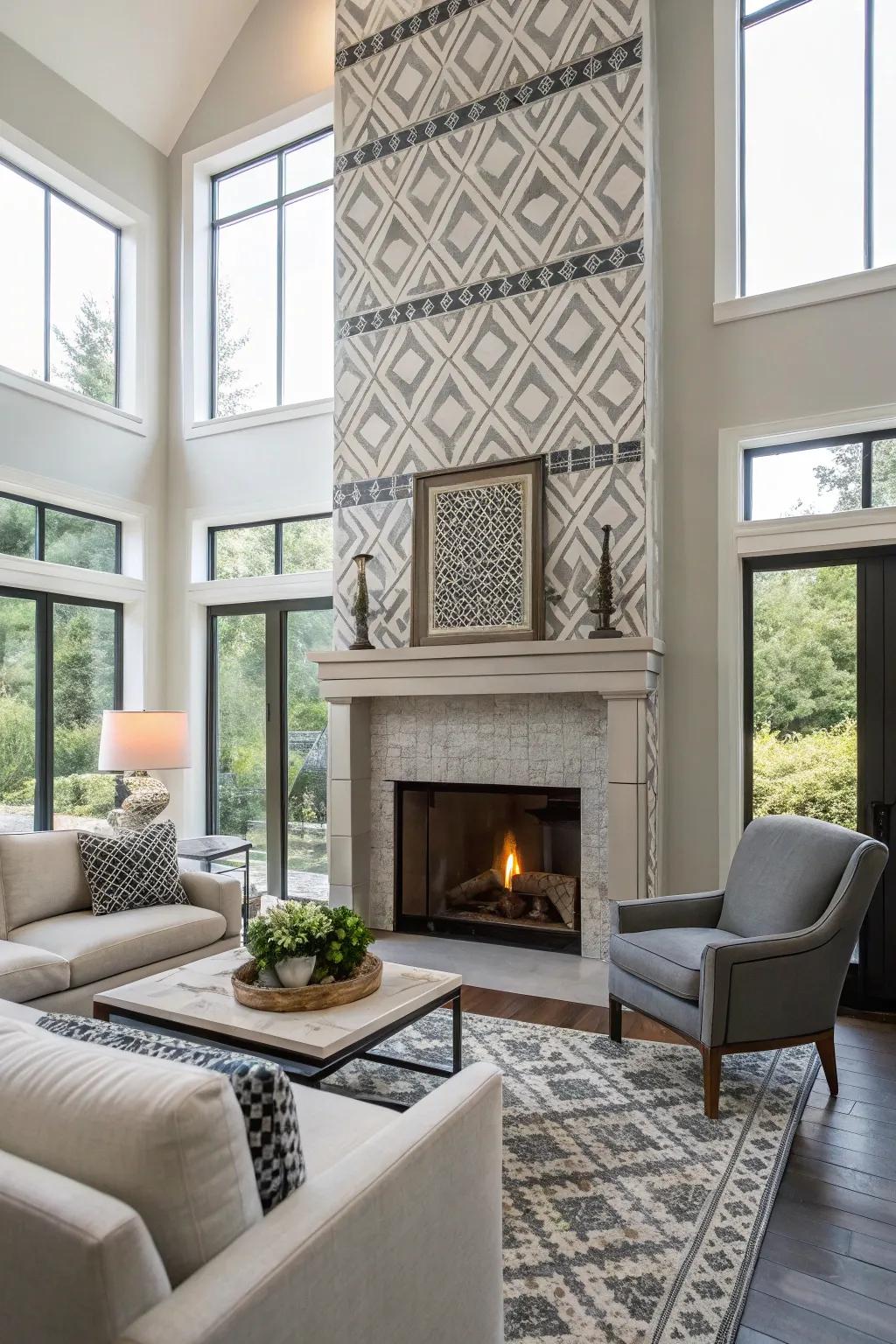 Shaped panels add a modern twist to this contemporary fireplace.