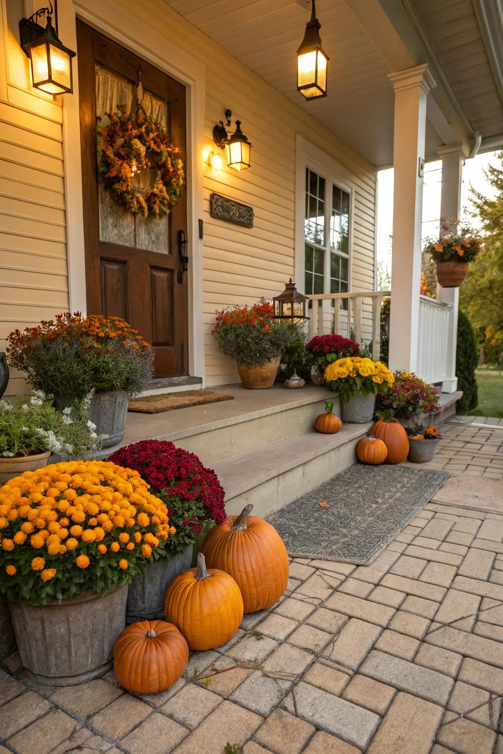 Themed decor imparts a vibrant touch to this exquisitely tiled porch.